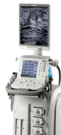 Portable ultrasound machine on a wheeled cart with a monitor displaying an ultrasound image and attached probes.